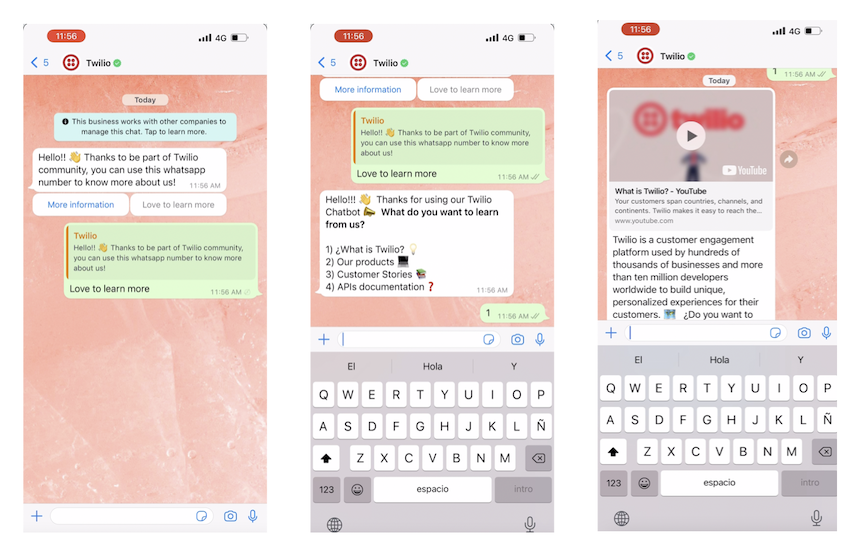 3 screenshots showing a Twilio Studio bot on WhatsApp