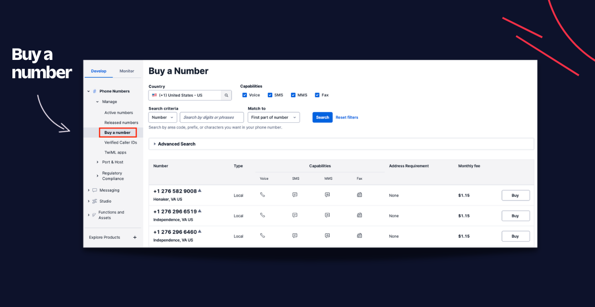 Buy a Number in Twilio Console