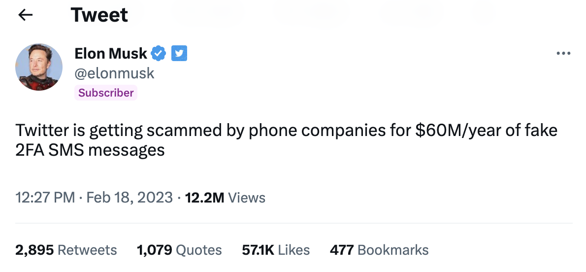 A screenshot of a tweet from Elon Musk that says 