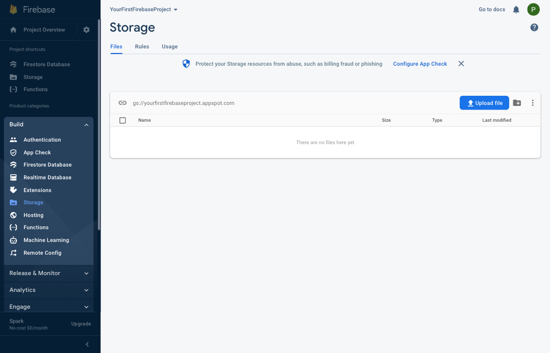 Storage menu of Firebase project