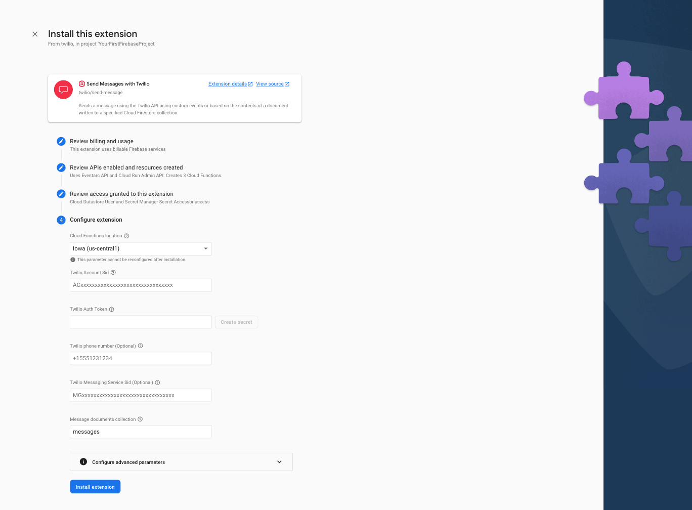 Twilio extension installation - configuration section