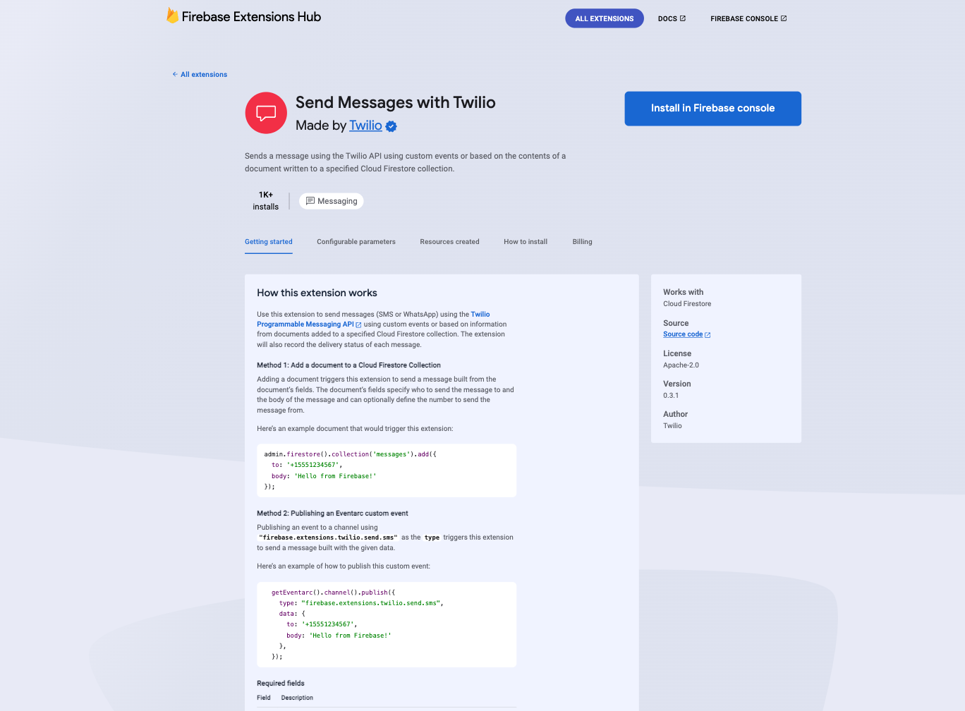 Twilio Firebase Extension page