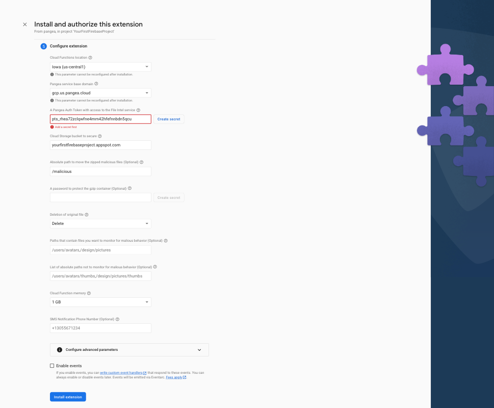 configure extension with fields for token in installation process