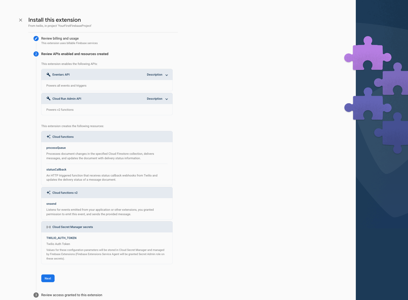 Review enabled APIs for Twilio extension installation