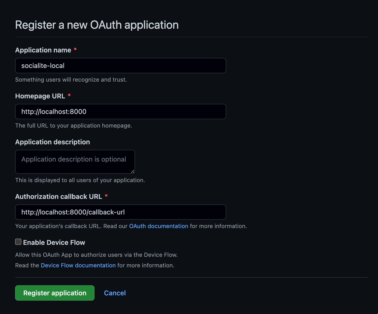 The GitHub OAuth register a new OAuth application form