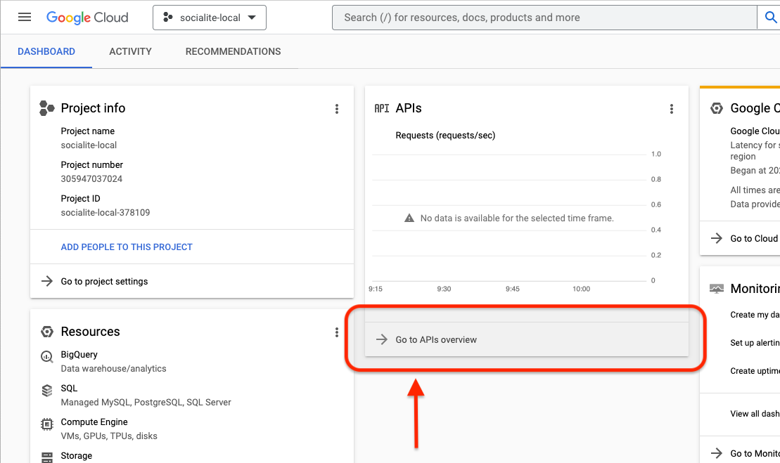 The Google Cloud Dashboard showing how to get to the APIs and services section