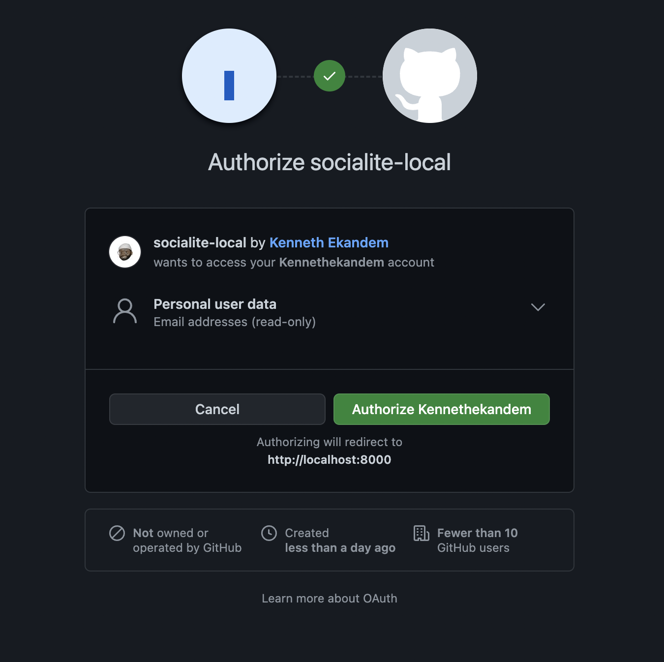 The OAuth form asking the user to confirm if they want to authorize socialite-local with GitHub