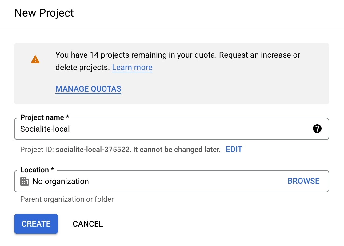The Google Cloud New Project form
