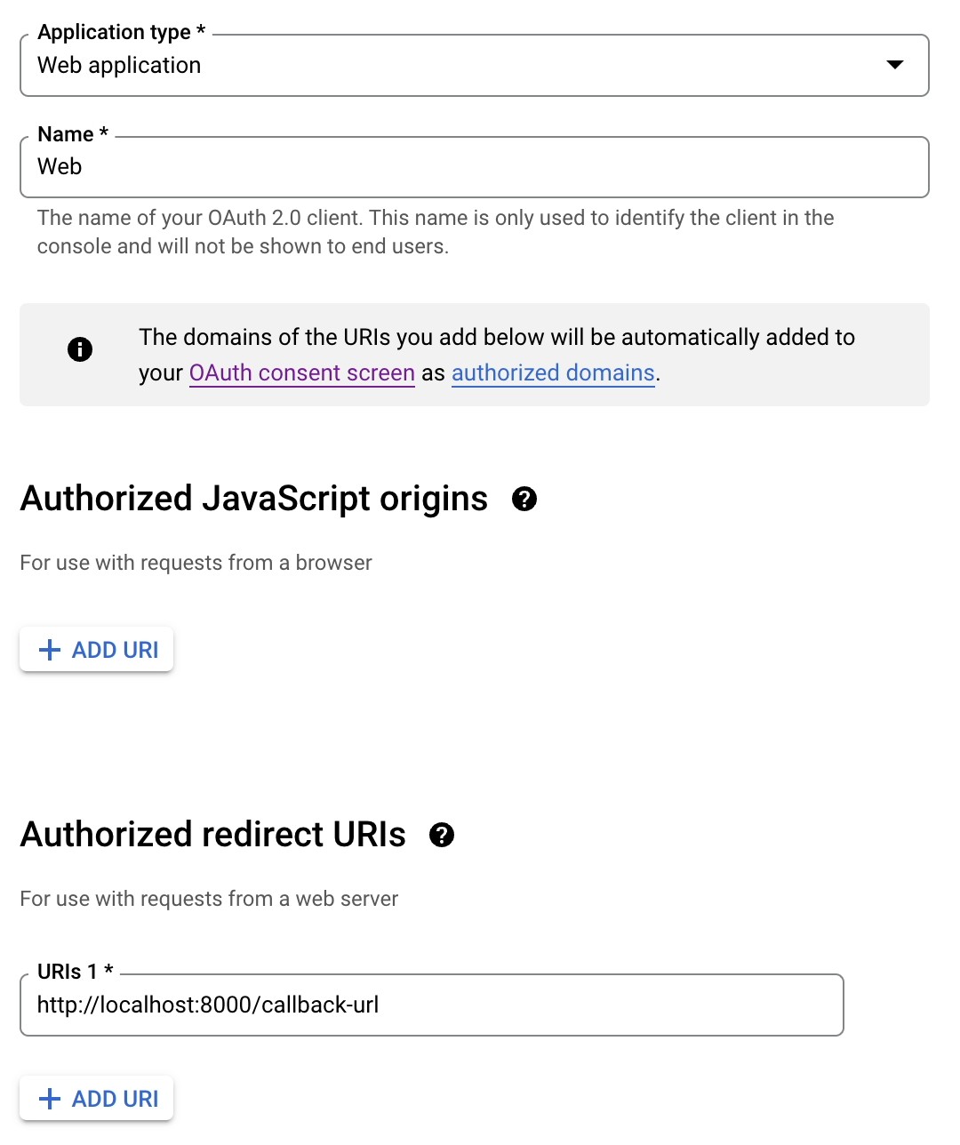 Setting an applications type, name, and authorized redirect URIs in Google Cloud