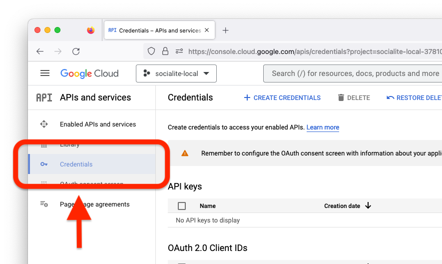 The Google Cloud APIs and services section, showing how to get to the Credentials section.