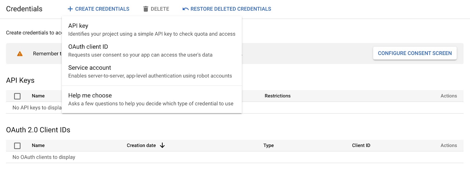 Step one of creating an OAuth client ID in Google Cloud