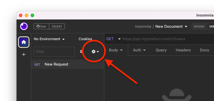 The main Insomnia window highlighting the new request button.