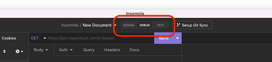 The main Insomnia window highlighting the design/debug/test tabs.
