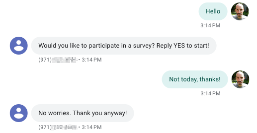 Example survey session where the user declines.