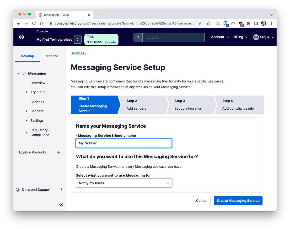 Messaging Service creation, Step 1