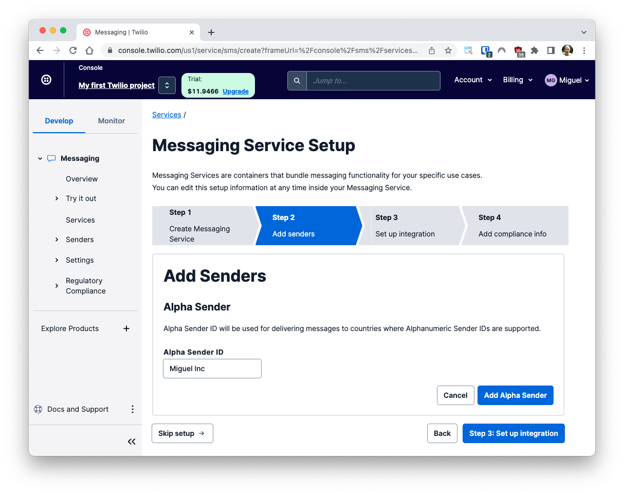 Messaging Service creation, Step 2