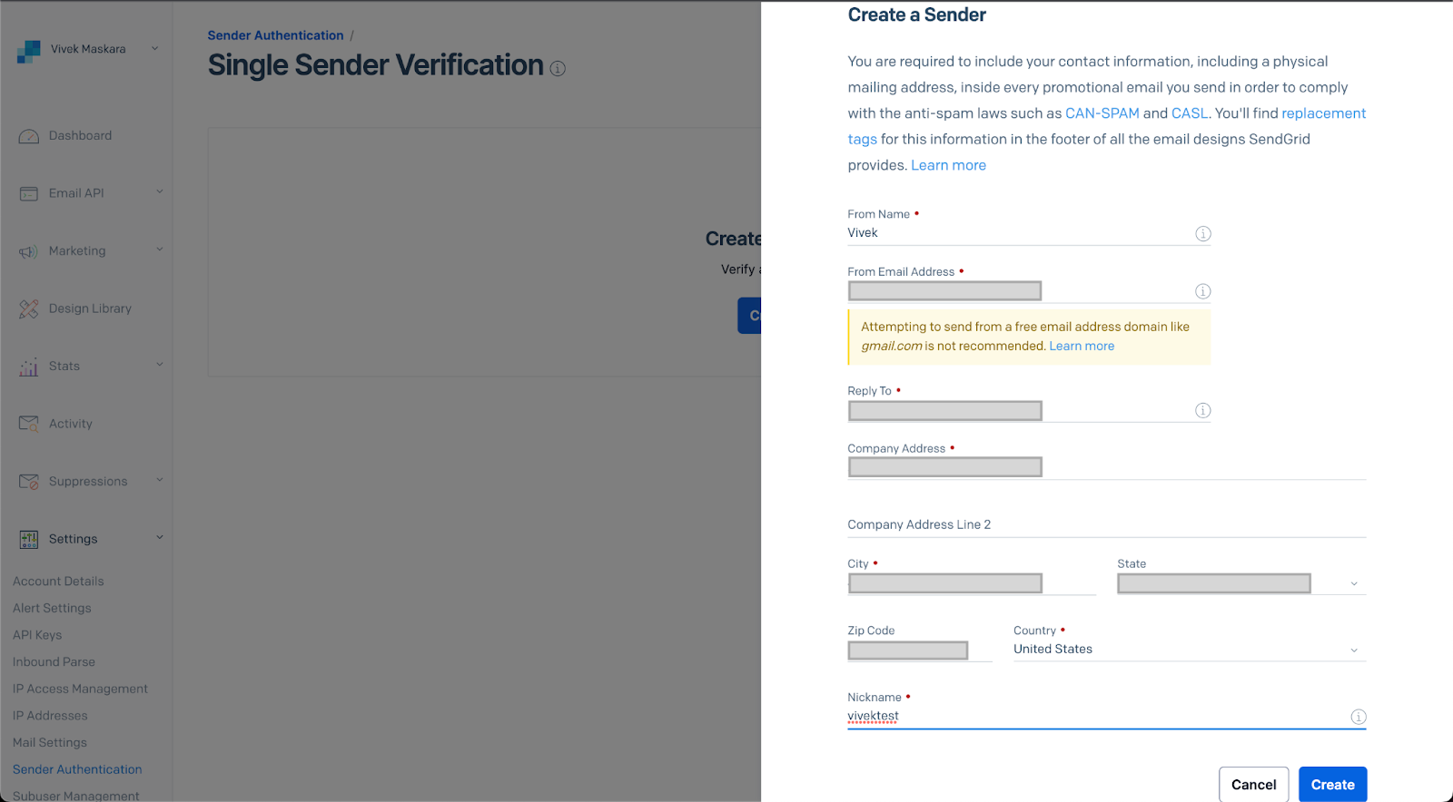 Register a new sender using the Twilio SendGrid console