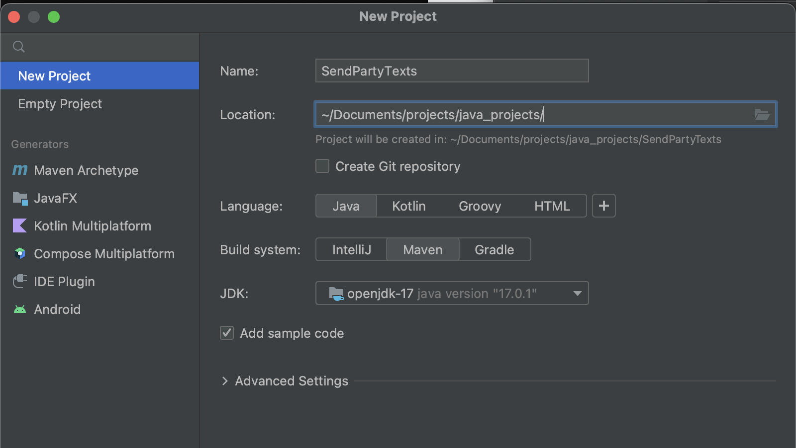 create a new project in intellij ide