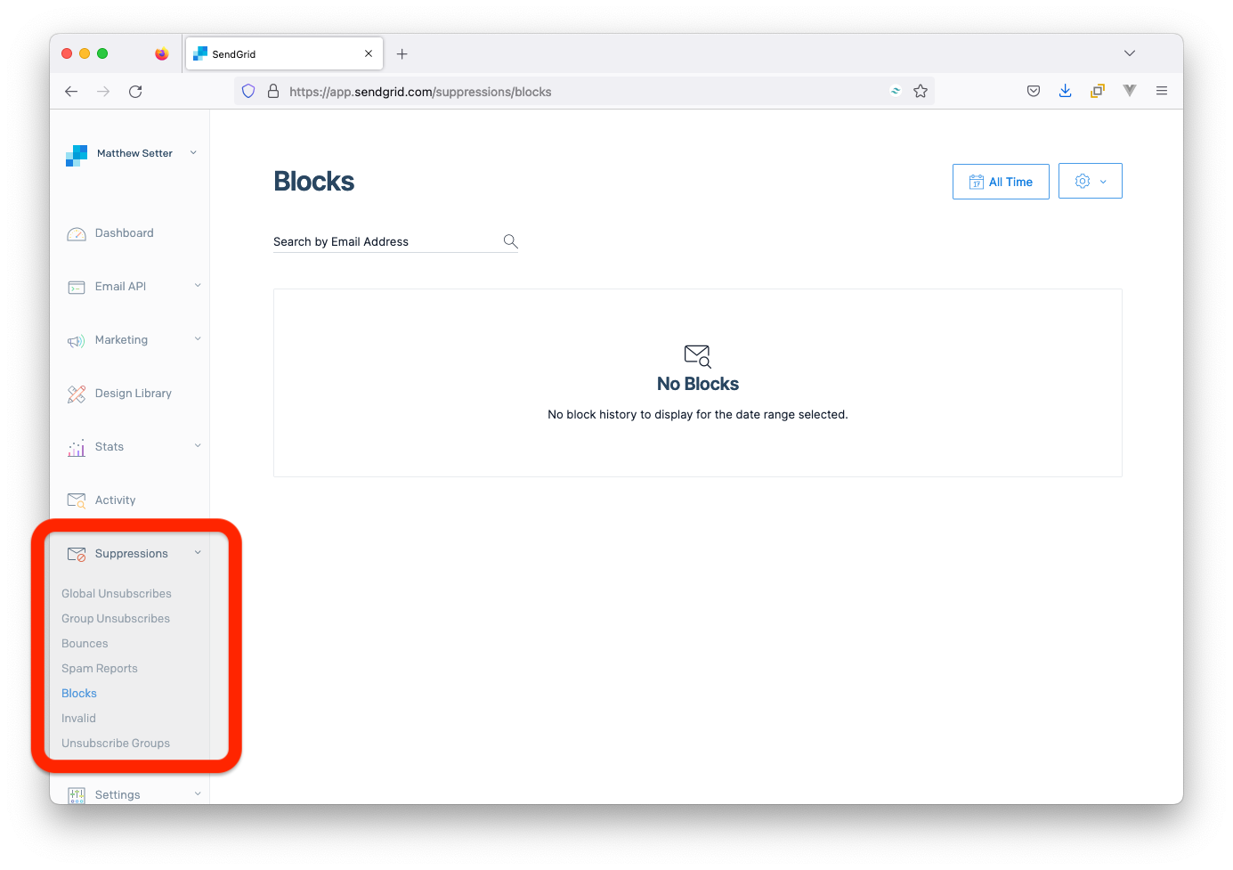 The Suppressions section of the SendGrid dashboard