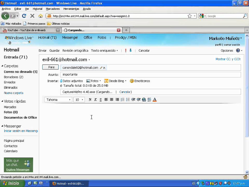 Screenshot of HotMail running in Internet Explorer