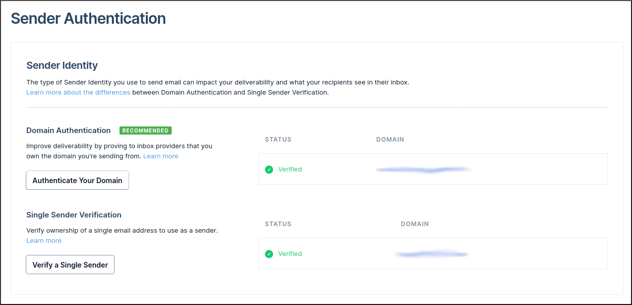 The sender identity section of the SendGrid dashboard