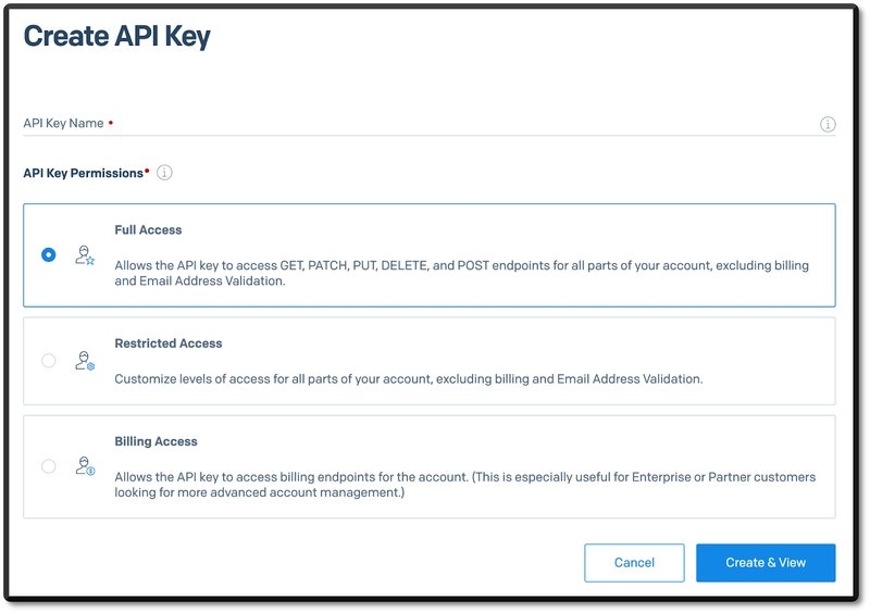Form to create a SendGrid API key. There"s a text field asking for an API key name, and radio buttons to select the permission for the key.