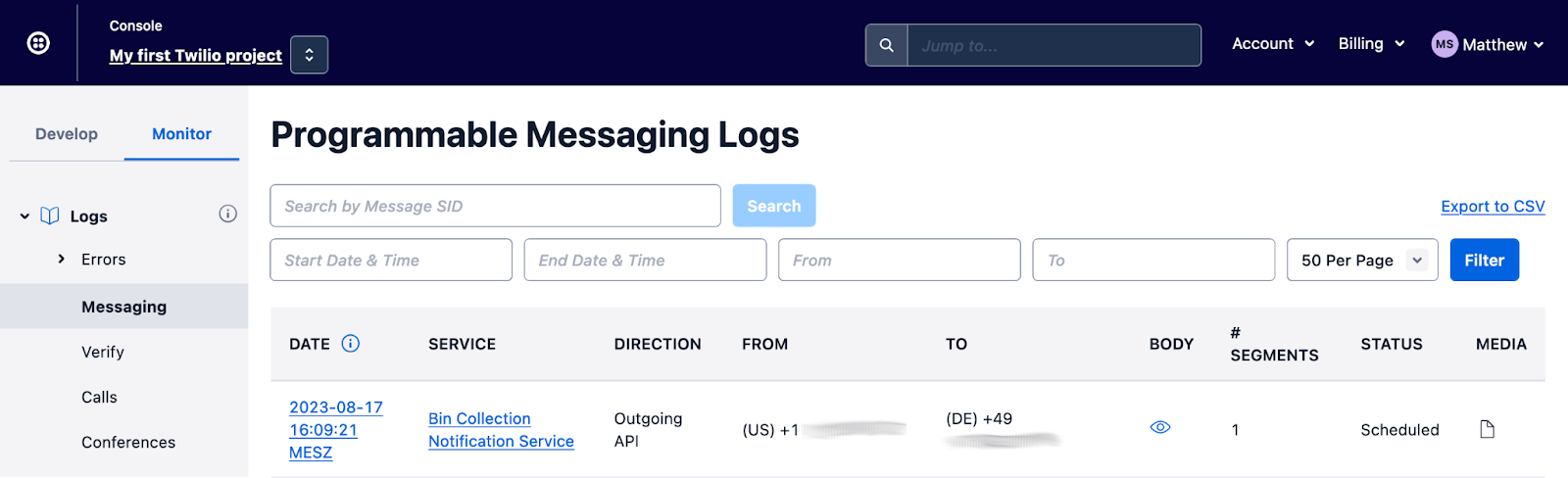 The Programmable Messaging Logs section of the Twilio Console.