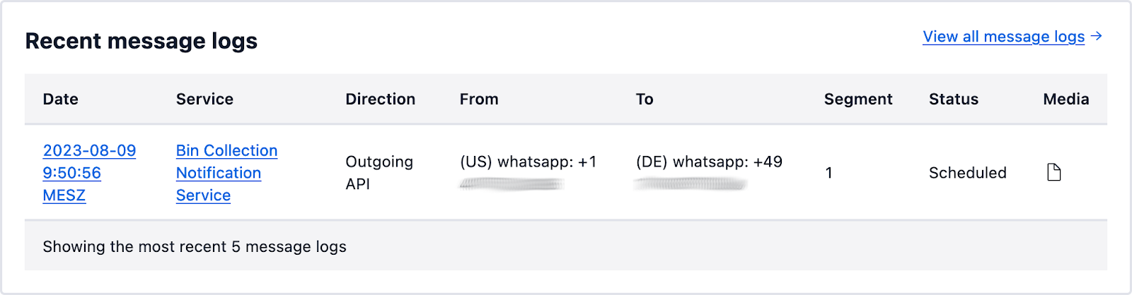An example of recent message logs in the Twilio Console
