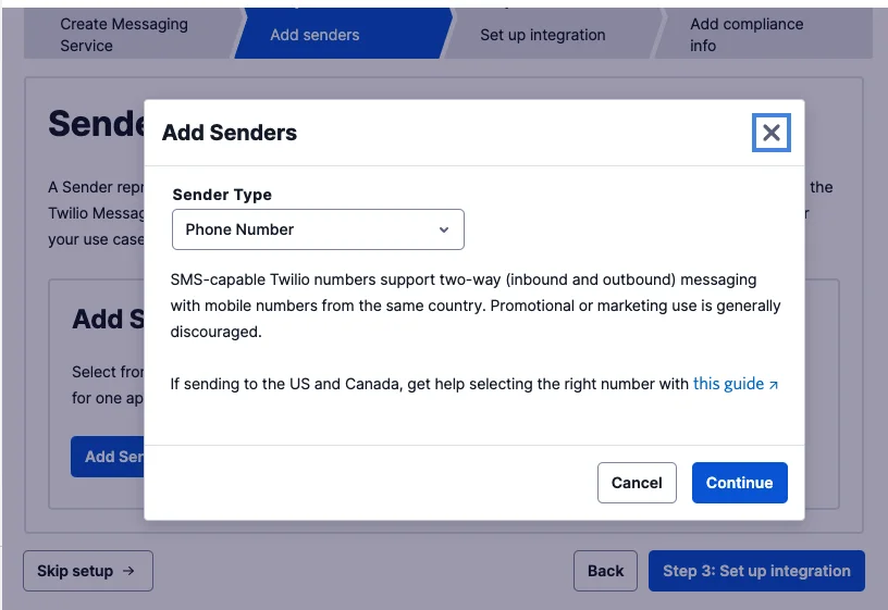 Configuring the sender type of the Messaging Service