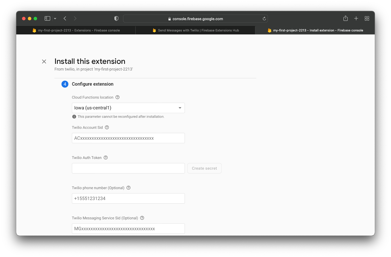 configuration section of extension installation process