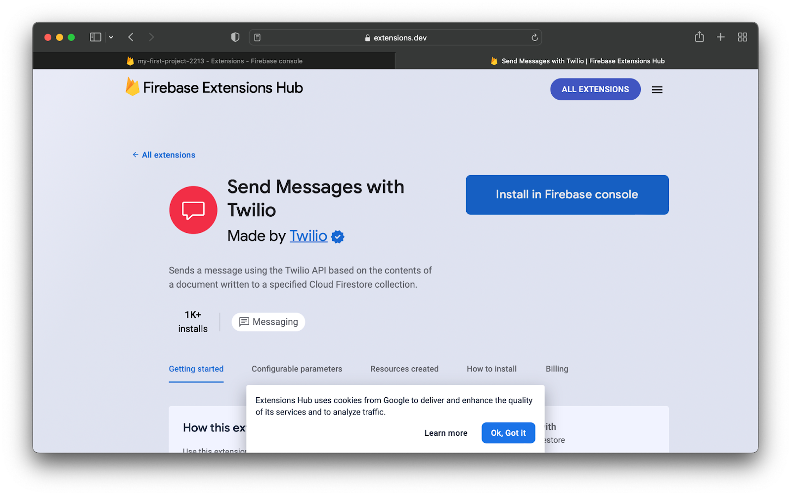 Send Messages with Twilio extension page on Firebase Extensions Marketplace