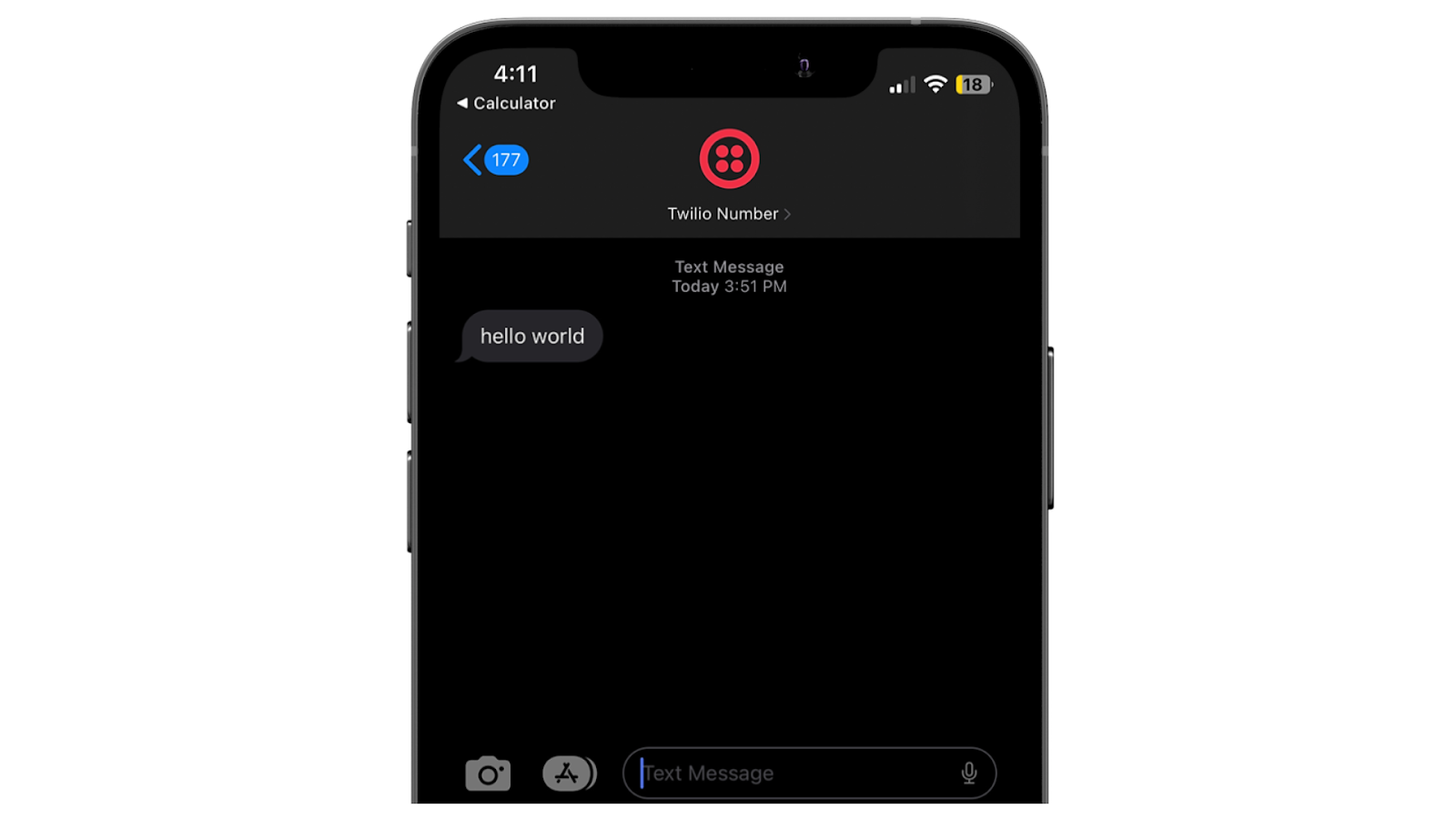 "hello world" SMS from Twilio number shown on iphone
