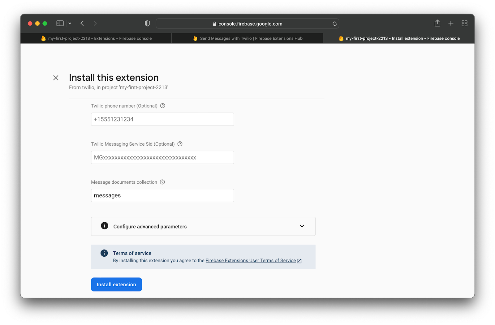 Configuration section of extension installation process