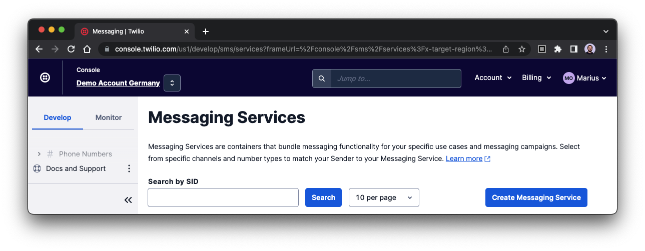 Messaging Services view in the Twilio Console