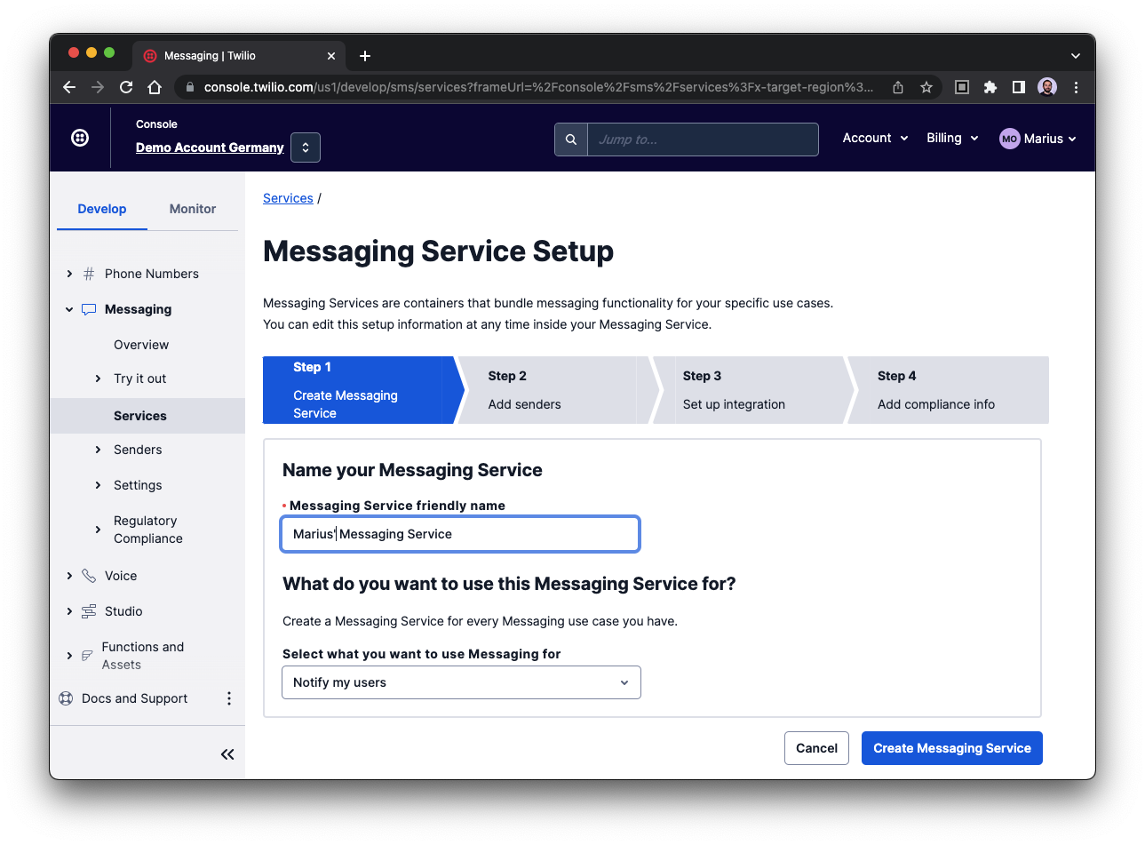 Screenshot of the first step to create a Messaging Service in the Twilio Console