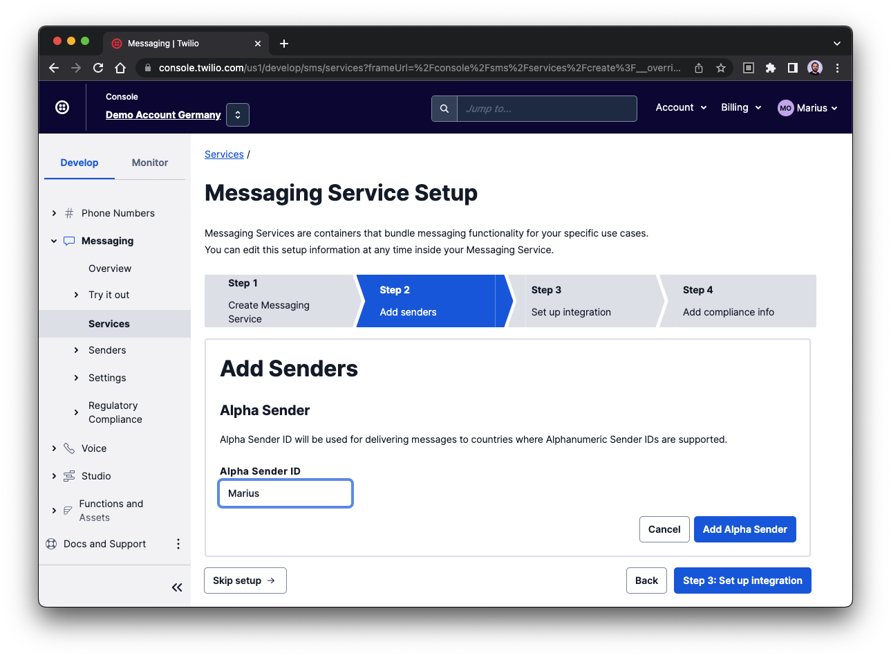 Screenshot of the third step to create a Messaging Service in the Twilio Console