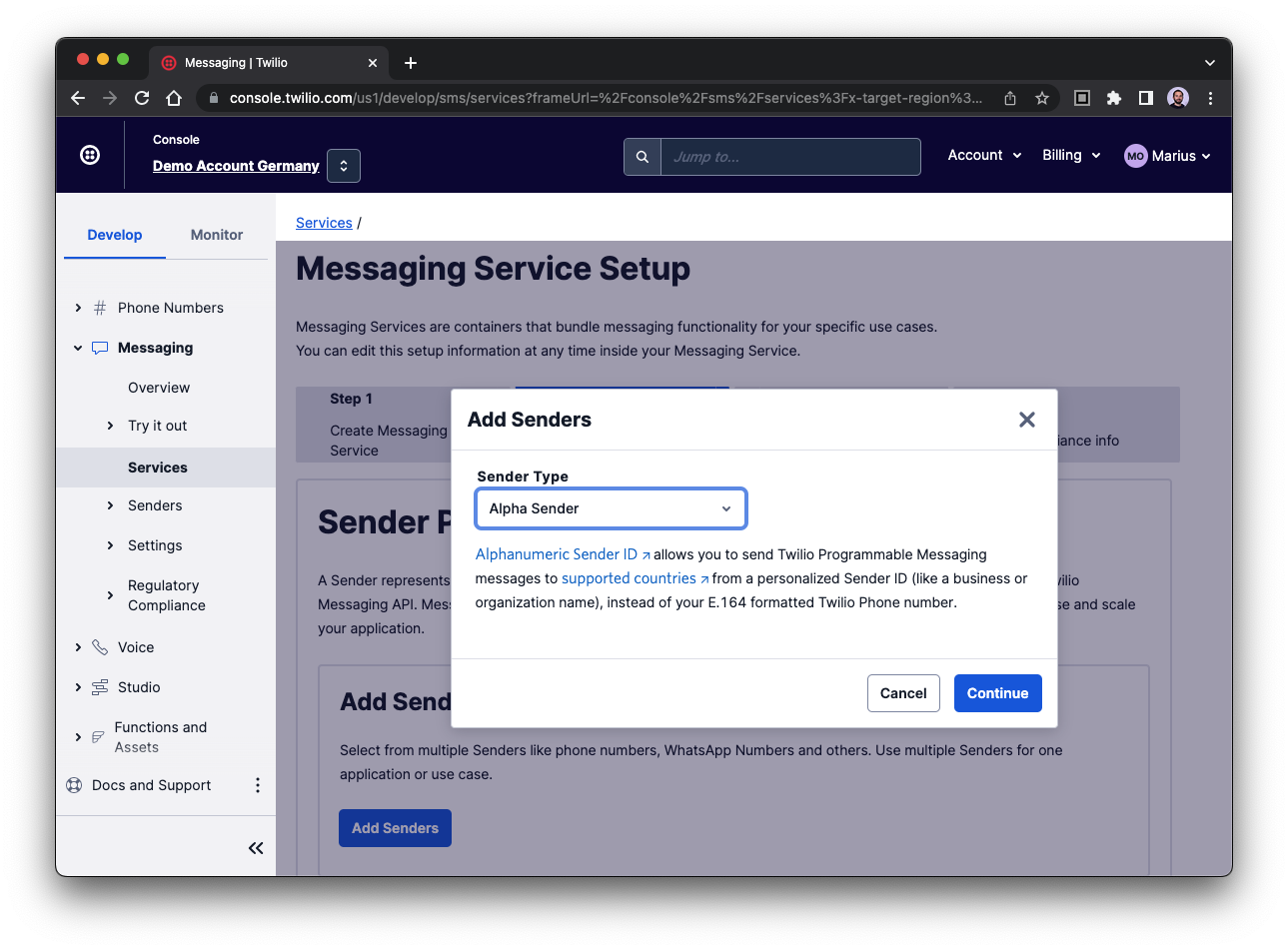 Screenshot of the second step to create a Messaging Service in the Twilio Console