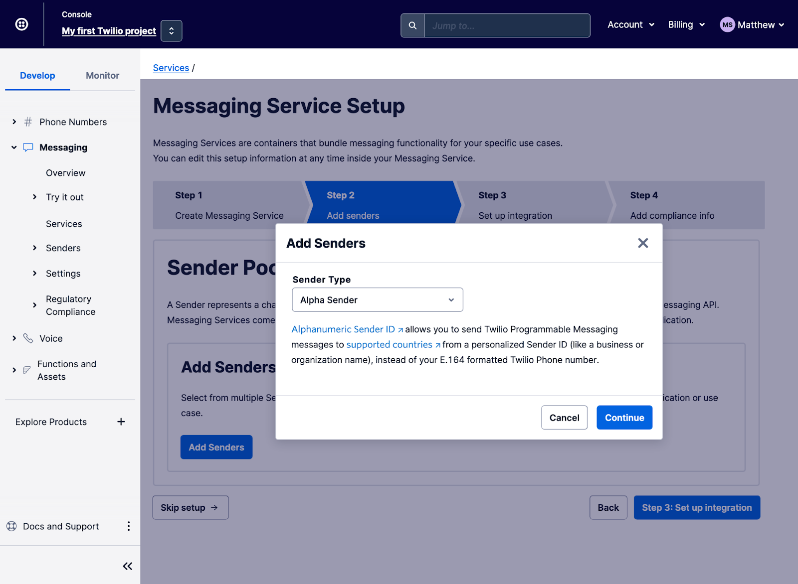 Messaging Service Setup - Step 2.