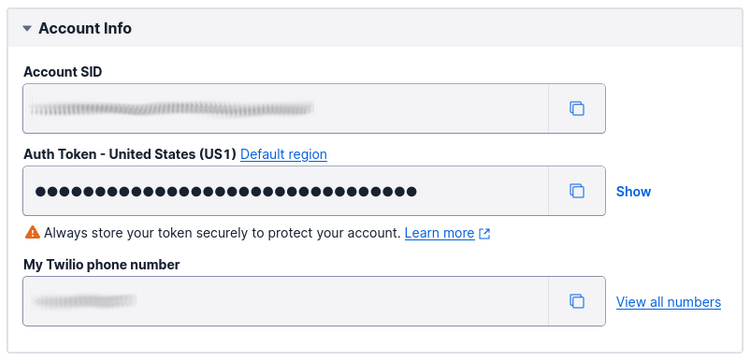 The Twilio Console Account Info panel