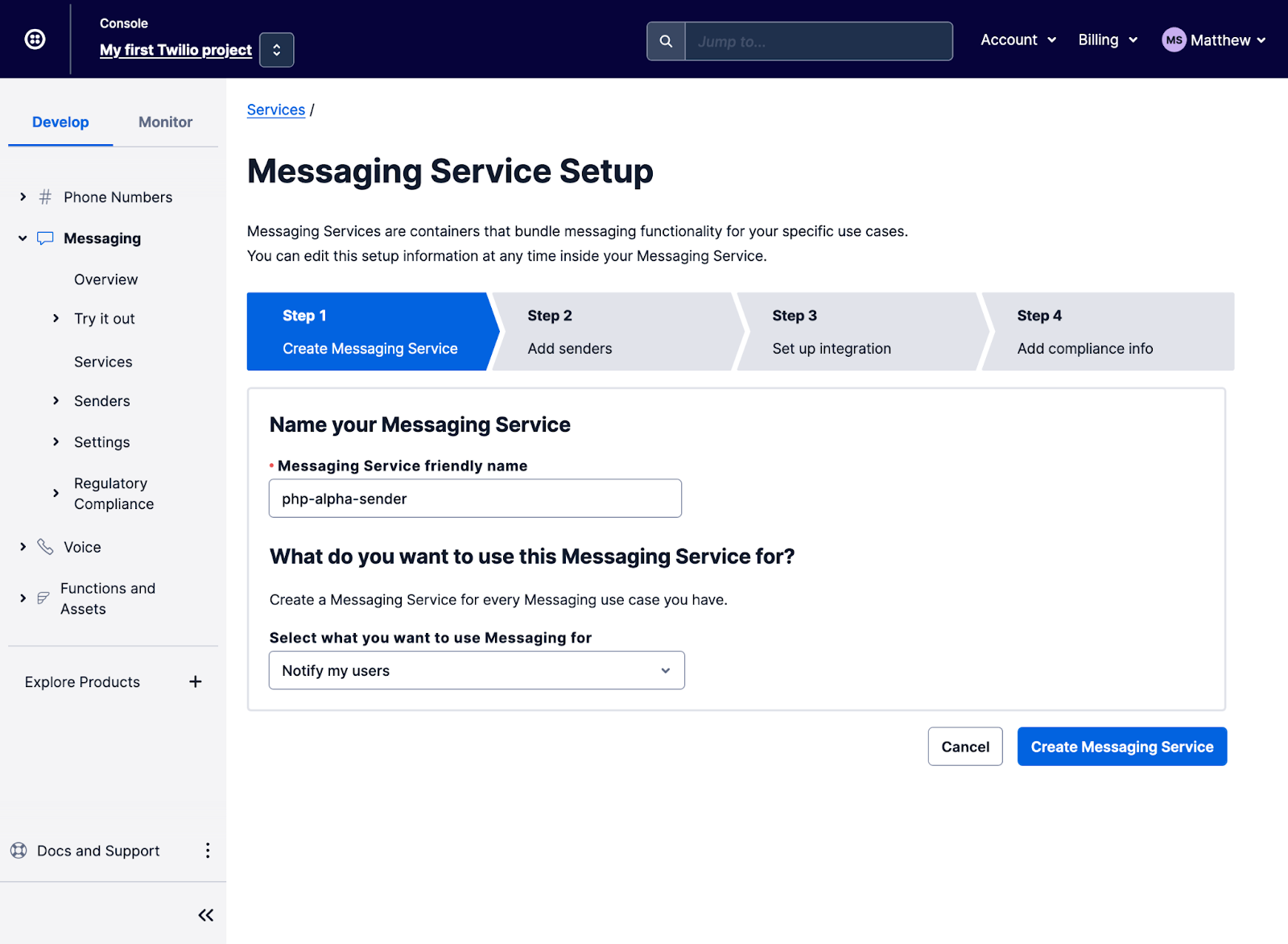 Messaging Service Setup - Step 1.