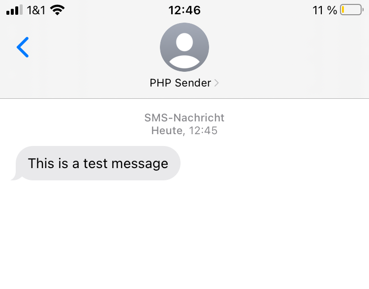 Example SMS sent by the application, received on iOS.