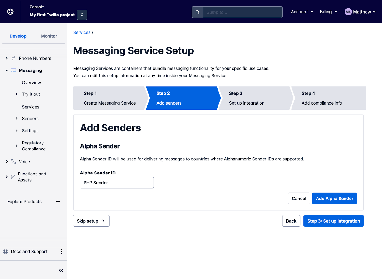 Messaging Service Setup - Step 2: Add Senders.