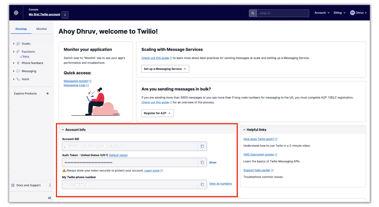 Twilio console showing auth token and SID