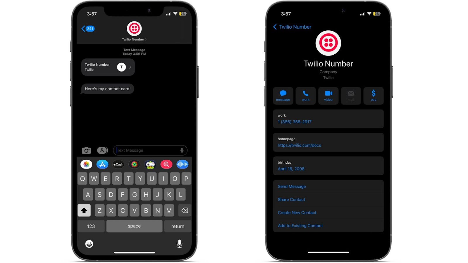 IPhone on left showing contact card on messages app and iphone on right showing the contact card