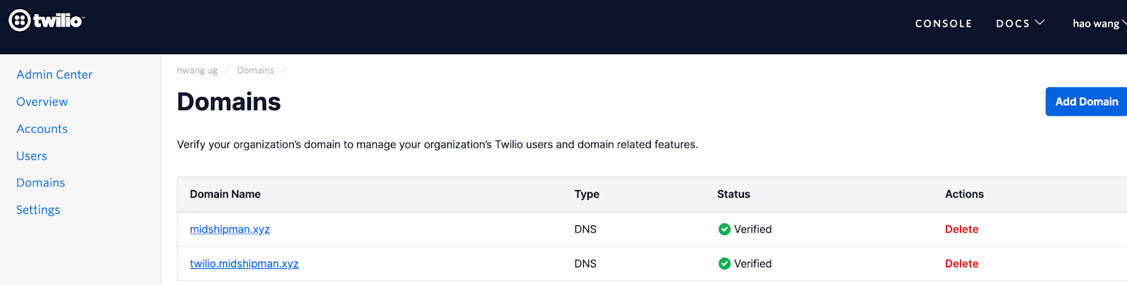 Verify domains inside the Twilio Console