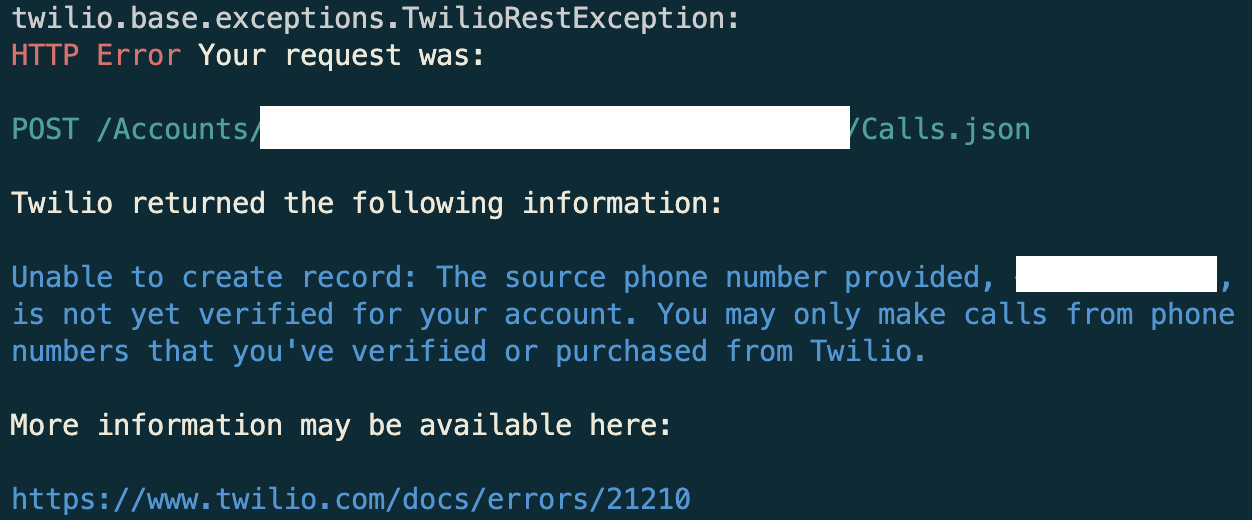 Error code 21210 example on a Twilio outbound call