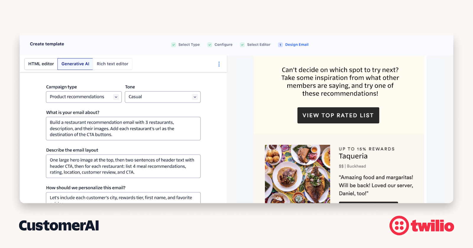 CustomerAI Generative Email smart editor