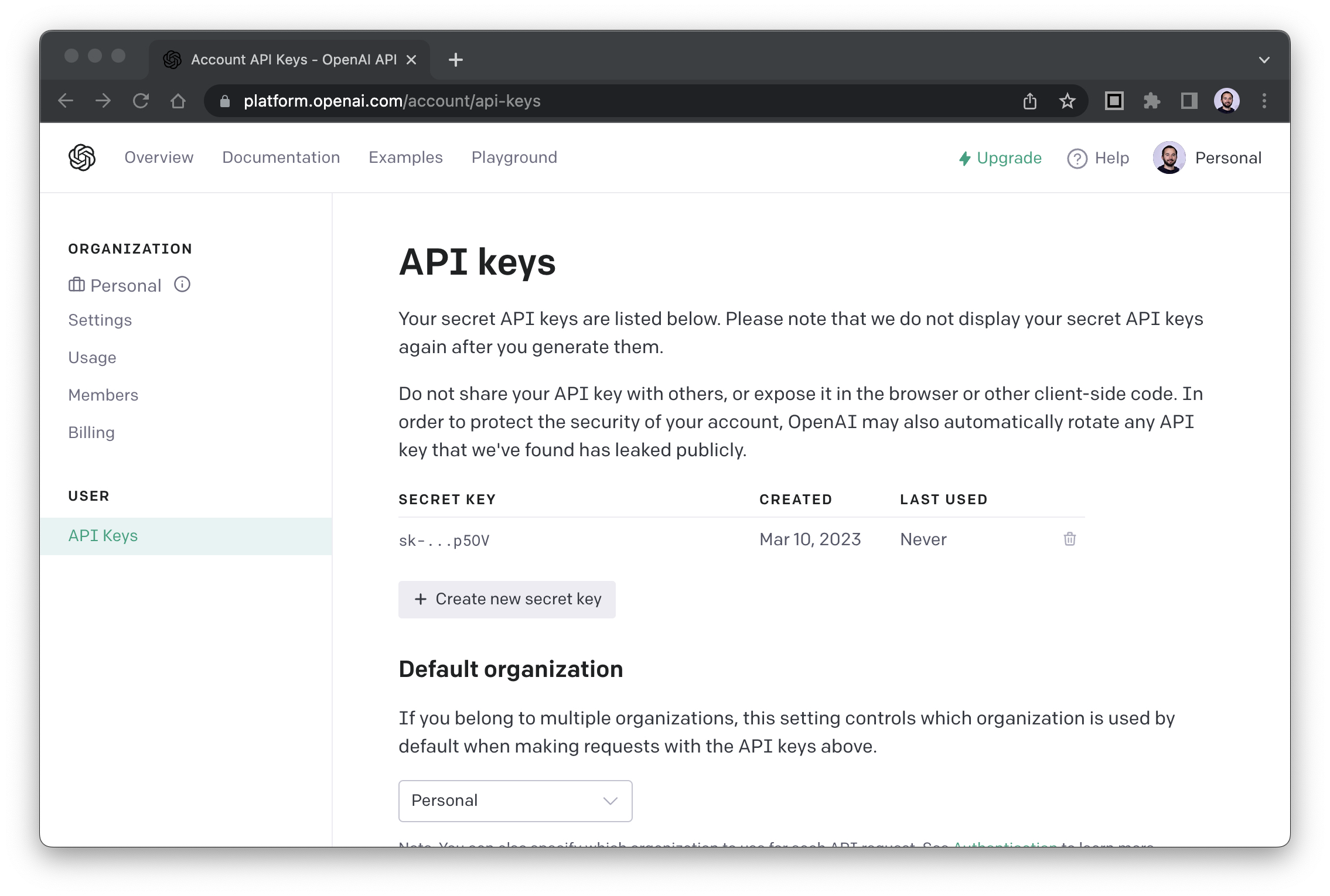 openAI API Schlüssel in der Konsole