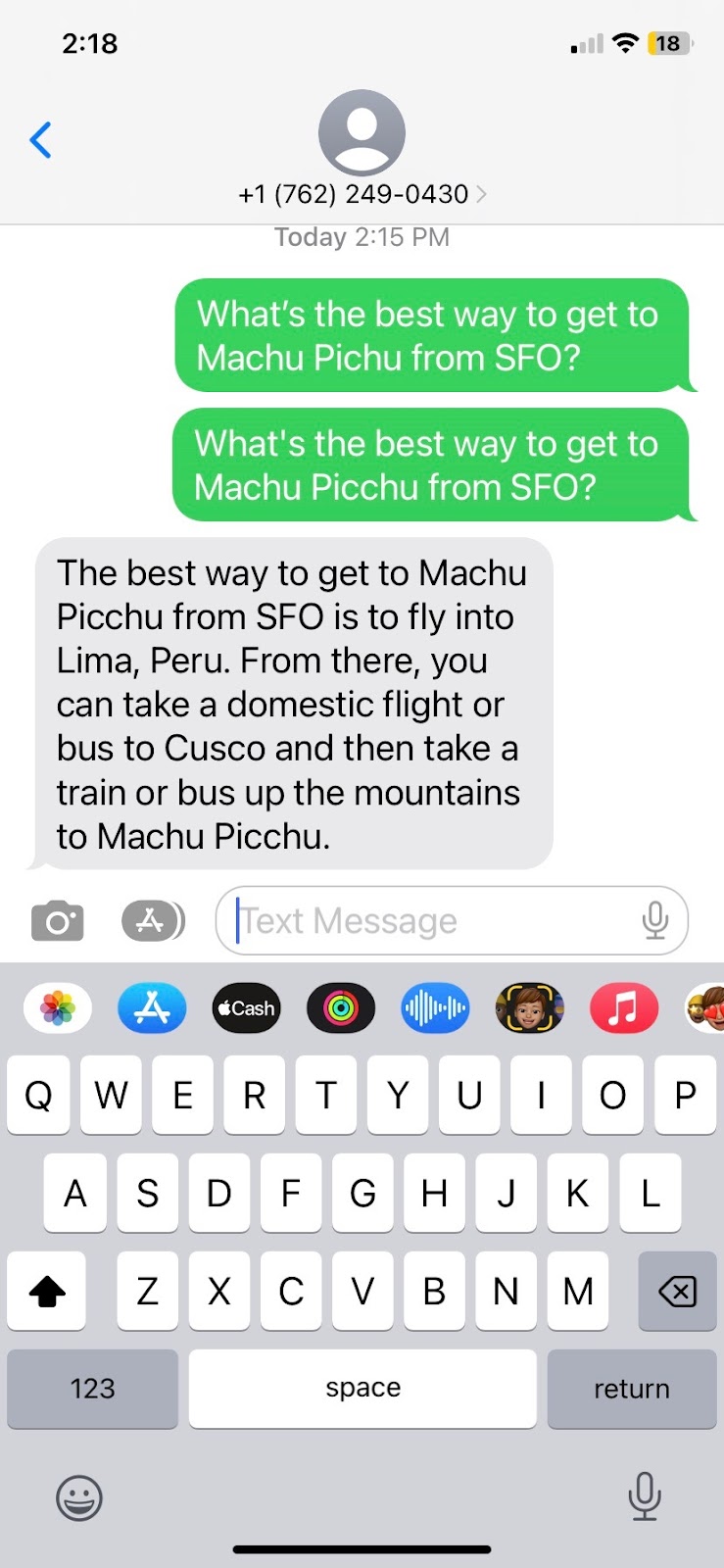 SMS on the best way to get to Machu Picchu from SFO from ChatGPT
