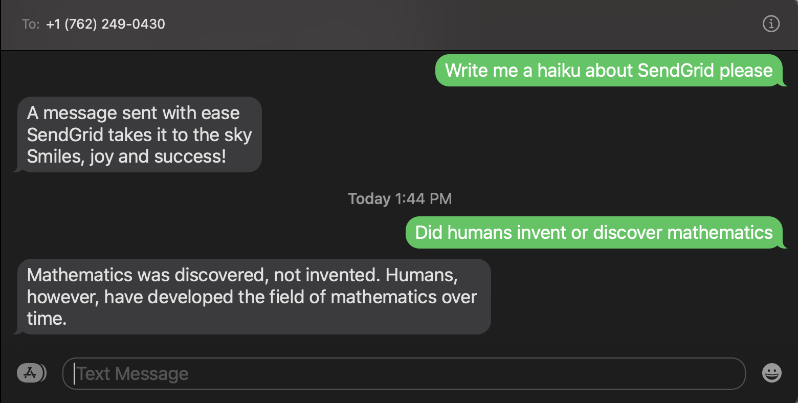 sms asking for a haiku about SendGrid from ChatGPT and also asking if humans invented or discovered math